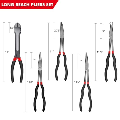 TOOLEAGUE 5Pcs Extra Long Needle Nose Pliers Set, 11" Long Reach Straight,45/90 Degree Bent Nose,Diagonal Pliers and O-shape Tip Craft Repairing Tool - Image 4