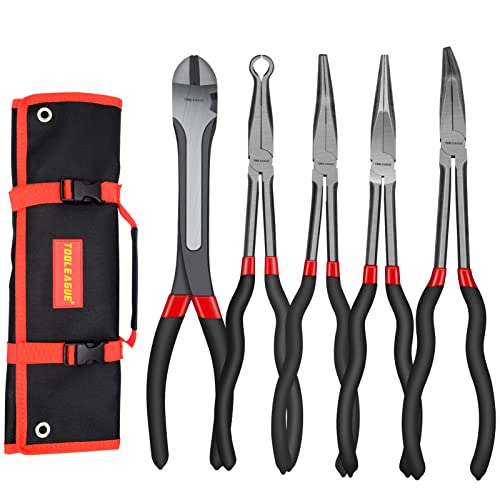 TOOLEAGUE 5Pcs Extra Long Needle Nose Pliers Set, 11" Long Reach Straight,45/90 Degree Bent Nose,Diagonal Pliers and O-shape Tip Craft Repairing Tool - Image 1