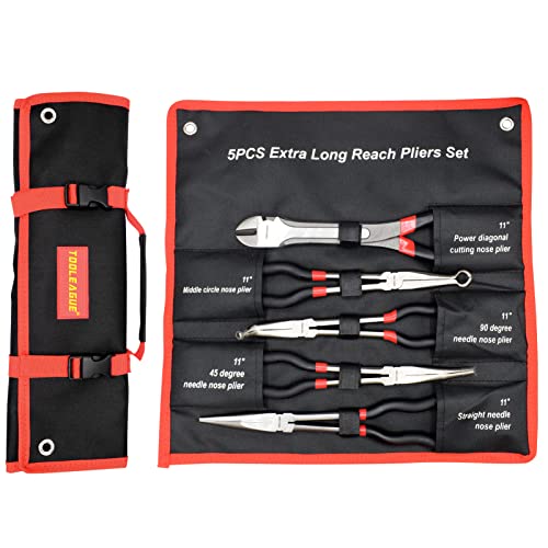 TOOLEAGUE 5Pcs Extra Long Needle Nose Pliers Set, 11" Long Reach Straight,45/90 Degree Bent Nose,Diagonal Pliers and O-shape Tip Craft Repairing Tool - Image 3