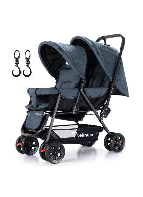 Double Baby Stroller With Hooks - Grey