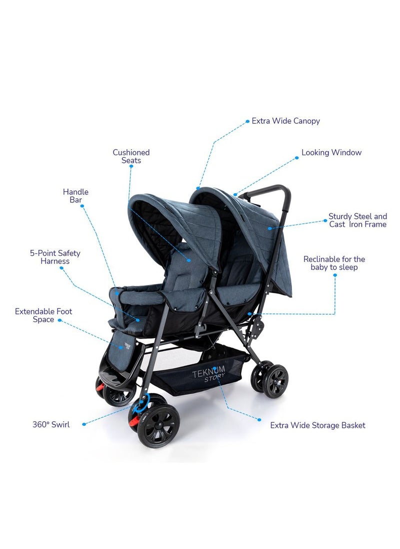 TEKNUM Double Baby Stroller With Hooks - Grey  - Image 3
