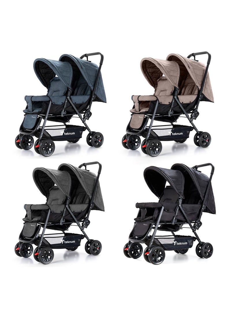 Double Baby Stroller With Hooks - Grey