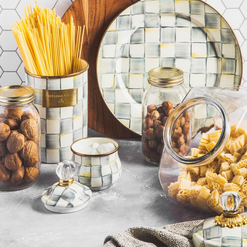 mackenzie childs MACKENZIE-CHILDS Cookie Jar with Enamel Lid, Large Glass Treat Jar or Kitchen Jar, 1-Gallon Capacity, Gray-and-White Sterling Check - Image 4