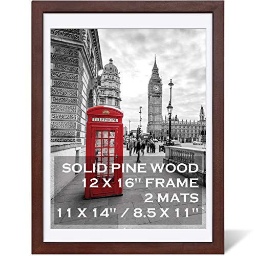 Tiblue 12x16 Picture Frames Dark Cherry Made of Solid Wood Display Pictures 11X14 Inch or 85x11 with Mat or 12x16 Inch without Mat for Wall Mounting and TableTop  Picture Frame 11X14 with 2 Mats  1 Pack