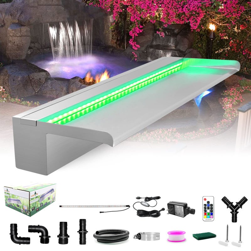 LONGRUN Pool Fountain Stainless Steel Outdoor Pond Spillway Waterfall with Wider Water Flow Platform MultiColor LED Light Spray Indoor Waterfall Fountains for Garden354 x 8 x 394W x D x H