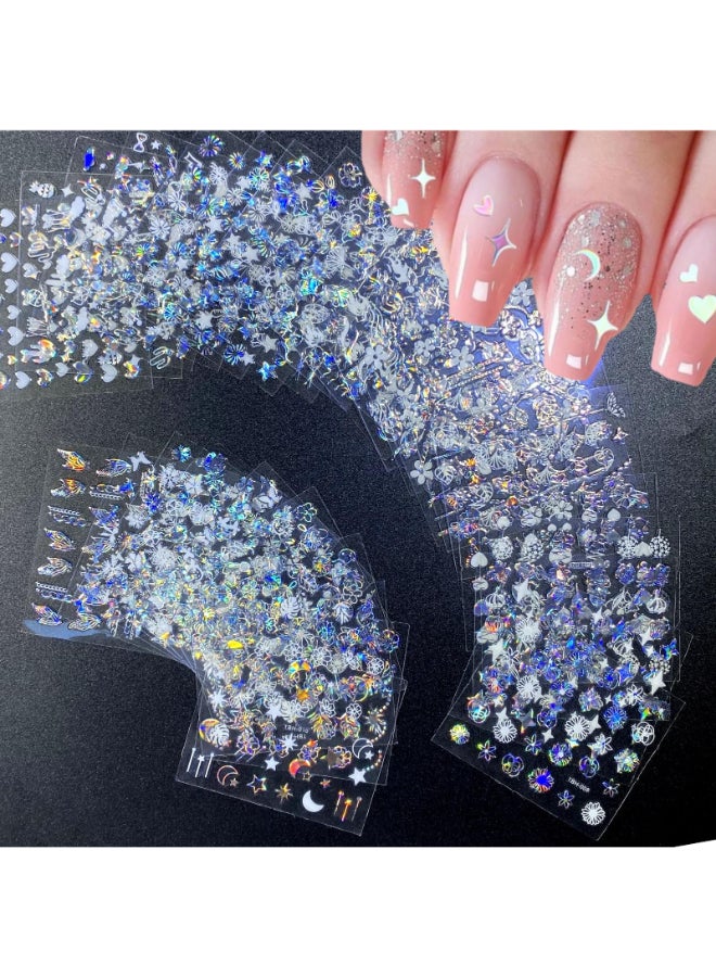 Namrec 30 Sheets Aurora Nail Art Stickers Decals 3D Self Adhesive Flower Nail Stickers Aurora Moon Star Nail Decals for Nail Art Leaf Heart Nail Design for DIY Acrylic Nails Decoration Accessories for Women - Image 2