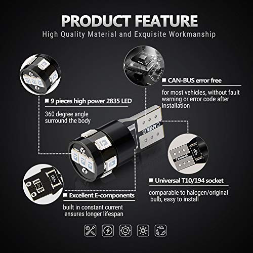 Antline 194 168 2825 W5W T10 194A LED Bulbs Blue, Ultra Bright Error Free 9-SMD 2835 Chipsets Replacement for Car Interior Dome Map Door Courtesy License Plate Lights (Pack of 10) - Image 3
