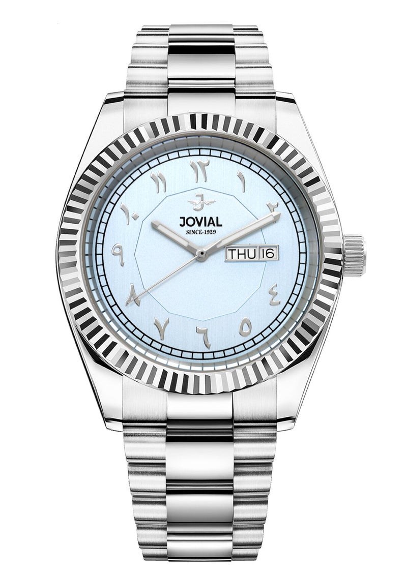 جوفيال ساعة جوفيال 2014GSMQ04E، ساعة رجالية أنيقة، مصنوعة من الفولاذ المقاوم للصدأ، قطرها 42 مم، مينا أزرق، مزودة بمشبك قابل للطي، تعرض اليوم والتاريخ. - Image 1