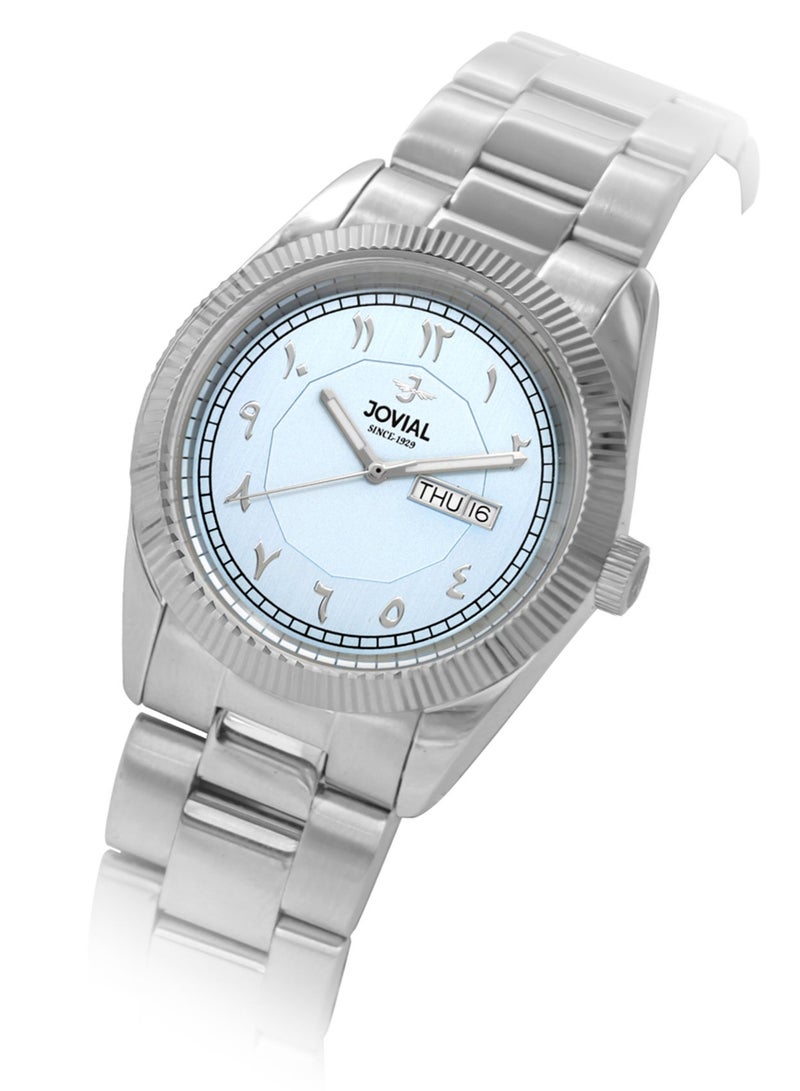 جوفيال ساعة جوفيال 2014GSMQ04E، ساعة رجالية أنيقة، مصنوعة من الفولاذ المقاوم للصدأ، قطرها 42 مم، مينا أزرق، مزودة بمشبك قابل للطي، تعرض اليوم والتاريخ. - Image 2