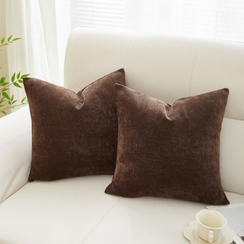 Sunday Praise Dark Brown Throw Pillow Covers 18x18 Inch Set of 2 Soft Cozy Chenille Decorative Square Pillow Cases Farmhouse Accent Solid Cushion Covers for Couch Sofa Chair Bed Home Décor - Image 1