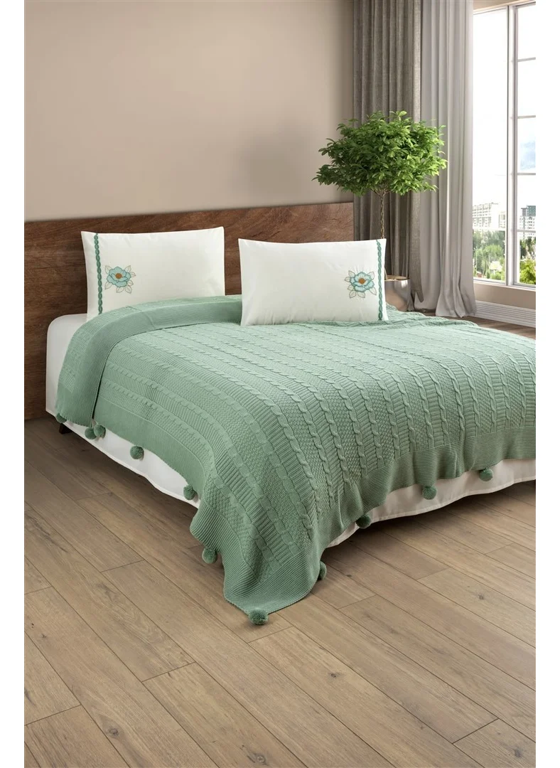 Sevim Knitted & Rose Embroidered Blanket Set - 4 Piece Dowry Blanket - Tivoli Rosetta - Mint Green