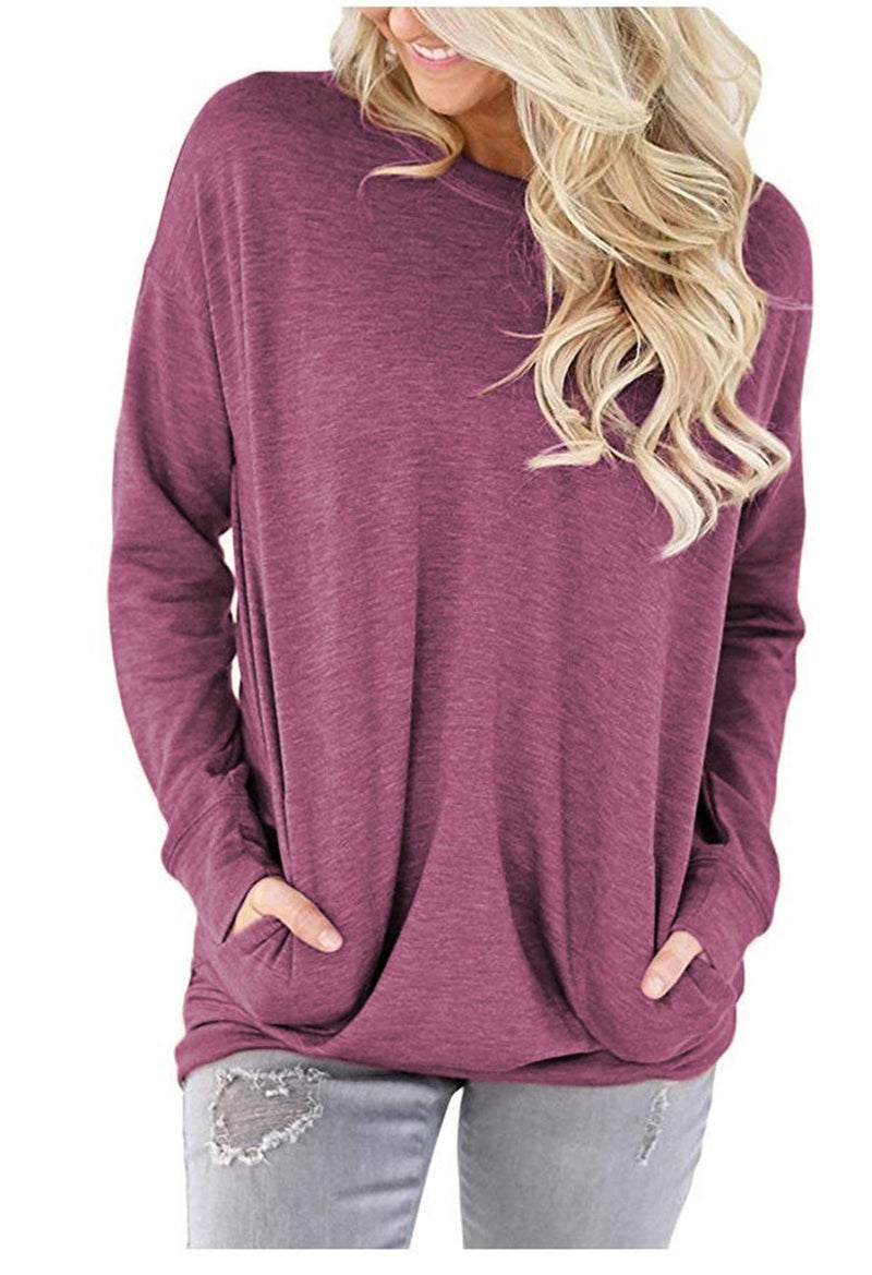 onlypuff Loose Fit TShirt Blouse for Women Basic Tops Batwing Sleeves with Pockets Solid Color VioletBlue, XX-Large - Image 3