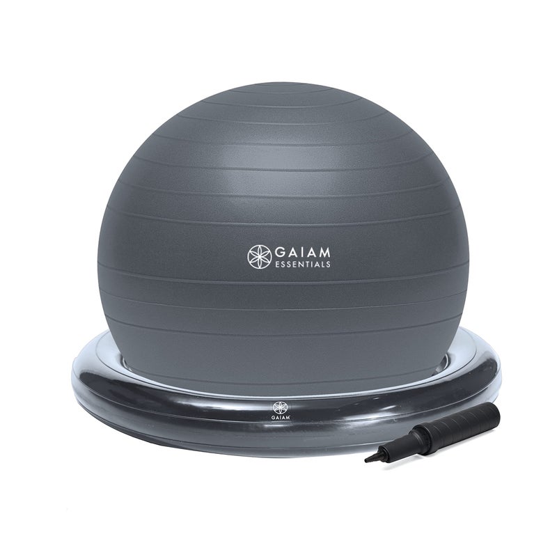 Gaiam Essentials Balance Ball & Base Kit, 65cm Yoga Ball Chair, Exercise Ball with Inflatable Ring Base for Home or Office Desk, Includes Air Pump - Grey - Image 1