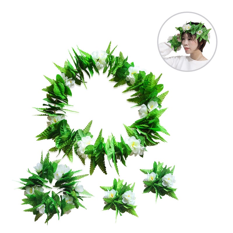 4pcs/Set Simulation Green Leaves Floral Garland Hawaiian Flower Necklace Bracelets Wreath Headwear Costume Accessories Party Supplies for Women Girls - Image 1