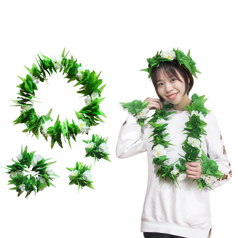 4pcs/Set Simulation Green Leaves Floral Garland Hawaiian Flower Necklace Bracelets Wreath Headwear Costume Accessories Party Supplies for Women Girls - Image 5