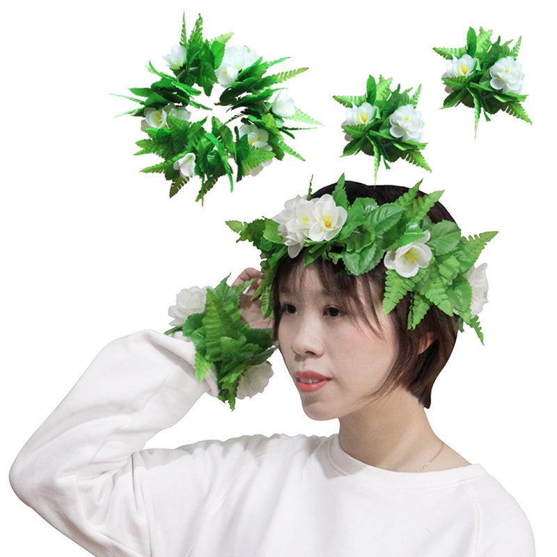 4pcs/Set Simulation Green Leaves Floral Garland Hawaiian Flower Necklace Bracelets Wreath Headwear Costume Accessories Party Supplies for Women Girls - Image 2