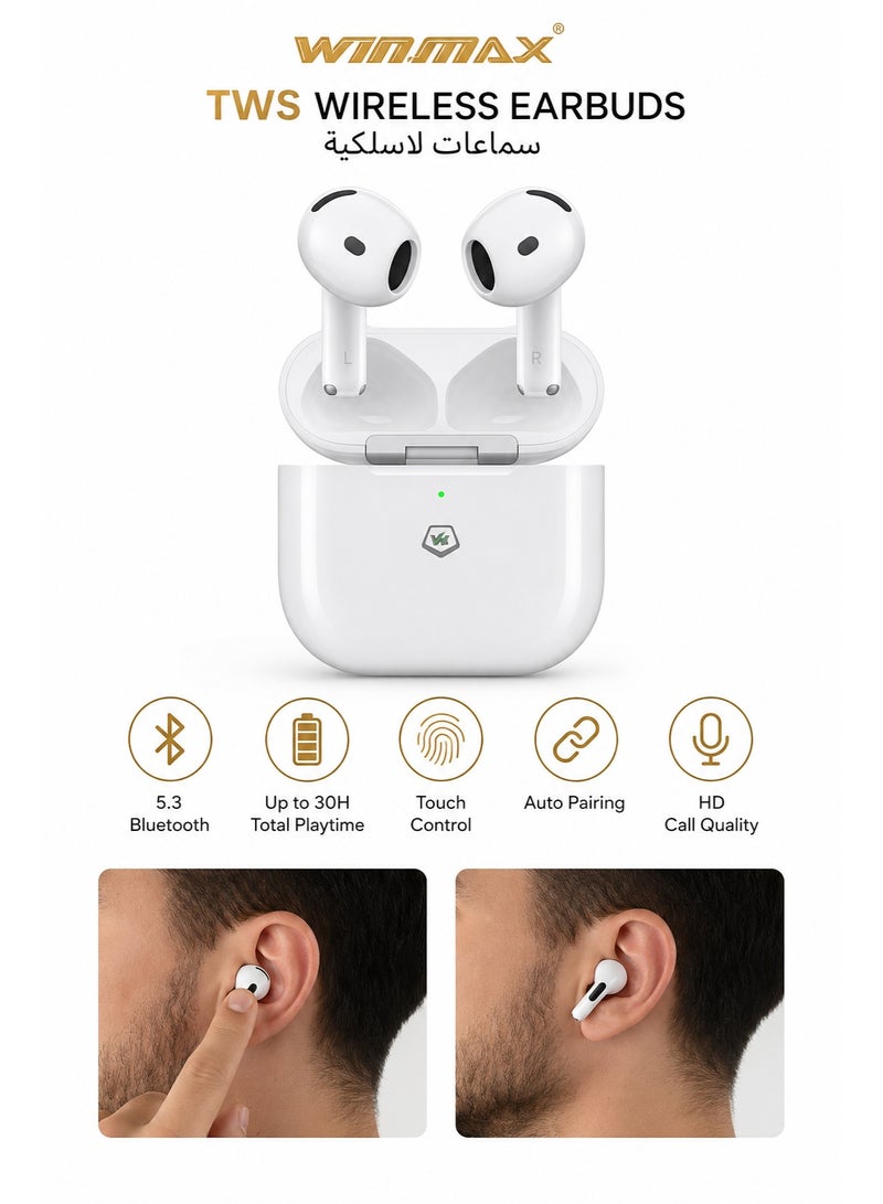 4th Generation Earbuds with Environmental Noise Cancellation, up to 5 hours of playtime, 25-meter transmission range, touch control, and wireless charging; compatible with iPhone 17, 16, 15, 14, 13, 12, 11 Pro Max, Galaxy S26, S25, S24, S23, S22, S21, S20 Ultra, and all Bluetooth-enabled mobile phones – White.