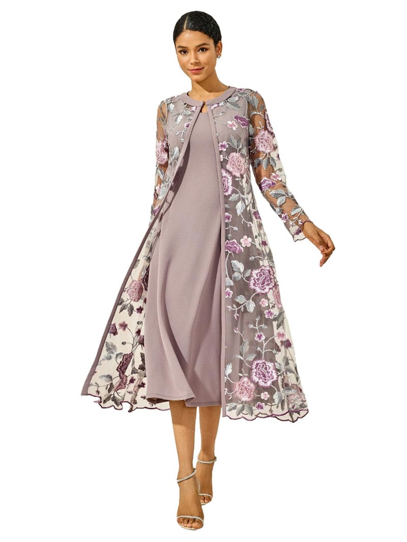 ORAULISA Women's Maxi Dresses 2 Piece Outfit Wedding Guest Cocktail Tea Party Dress Ruffle Lace Floral Casual Formal Evening Dress Gray Pink - Image 1