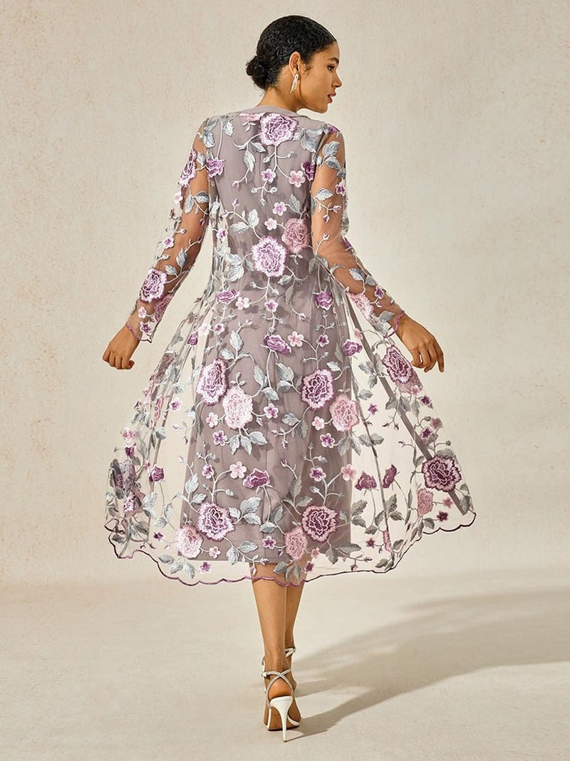 ORAULISA Women's Maxi Dresses 2 Piece Outfit Wedding Guest Cocktail Tea Party Dress Ruffle Lace Floral Casual Formal Evening Dress Gray Pink - Image 3