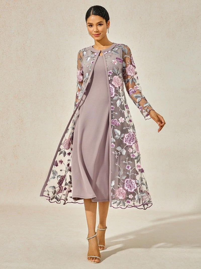 ORAULISA Women's Maxi Dresses 2 Piece Outfit Wedding Guest Cocktail Tea Party Dress Ruffle Lace Floral Casual Formal Evening Dress Gray Pink - Image 2