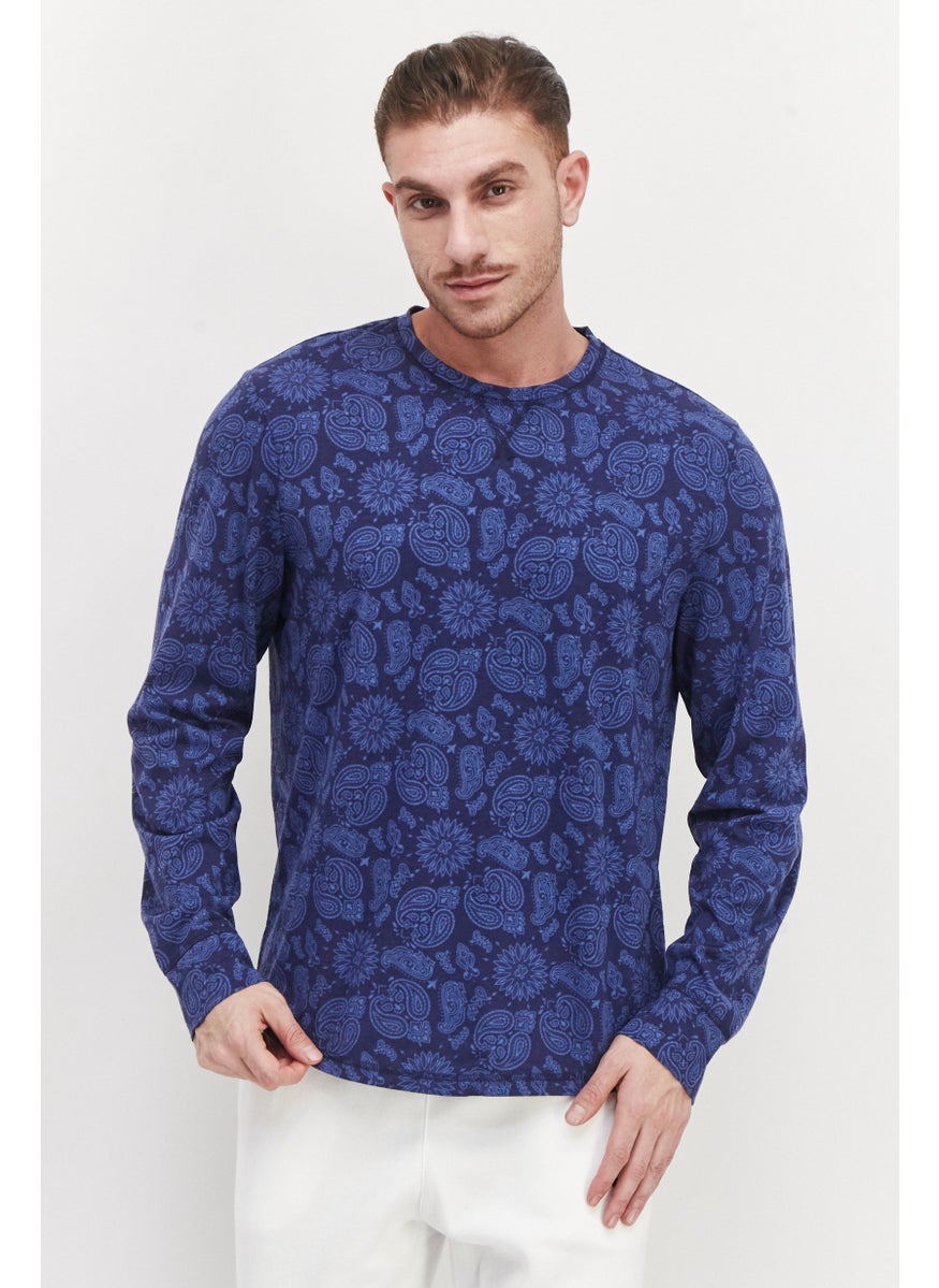Sun Stone Men Crew Neck Paisley Print Sweatshirt, Navy  - Image 1