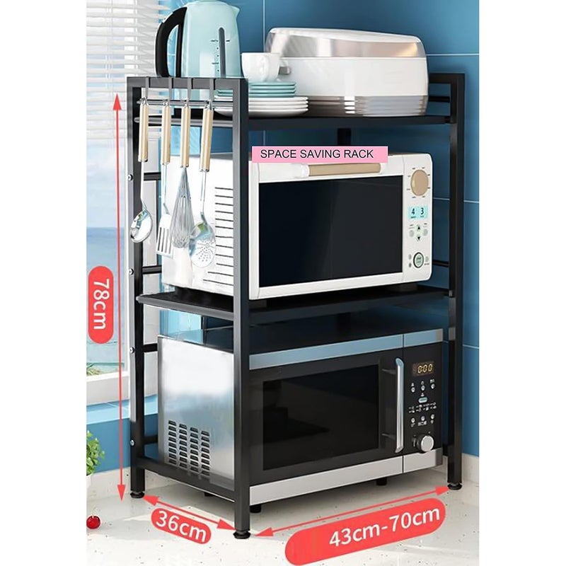 Lukzer 2 Tier Metal Microwave Oven Holder Stand 2 Layer Shelf Dish Rack Space Organizer with Hooks 78 X 70 X 36 cmBlack - Image 3