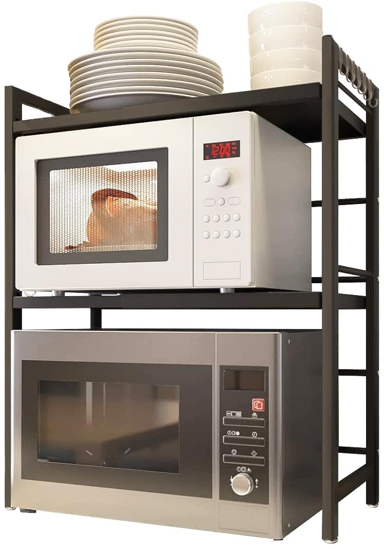 Lukzer 2 Tier Metal Microwave Oven Holder Stand 2 Layer Shelf Dish Rack Space Organizer with Hooks 78 X 70 X 36 cmBlack - Image 1