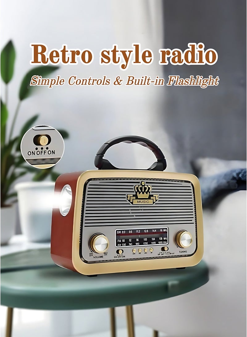 Retro Bluetooth Portable Radio FM/AM/SW Multi-Band Wireless Speaker, USB & TF Card Player, AUX Input, Classic Wooden Design for Home & Outdoor - Image 2