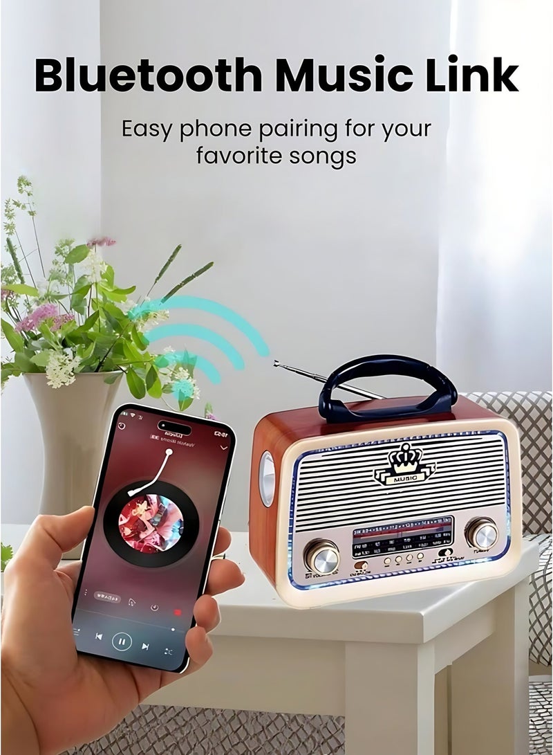 Retro Bluetooth Portable Radio FM/AM/SW Multi-Band Wireless Speaker, USB & TF Card Player, AUX Input, Classic Wooden Design for Home & Outdoor - Image 3