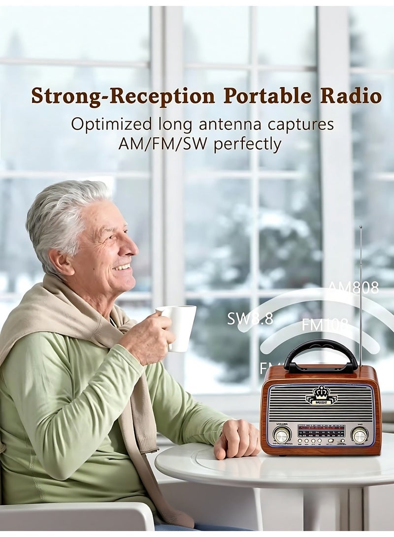 Retro Bluetooth Portable Radio FM/AM/SW Multi-Band Wireless Speaker, USB & TF Card Player, AUX Input, Classic Wooden Design for Home & Outdoor - Image 4