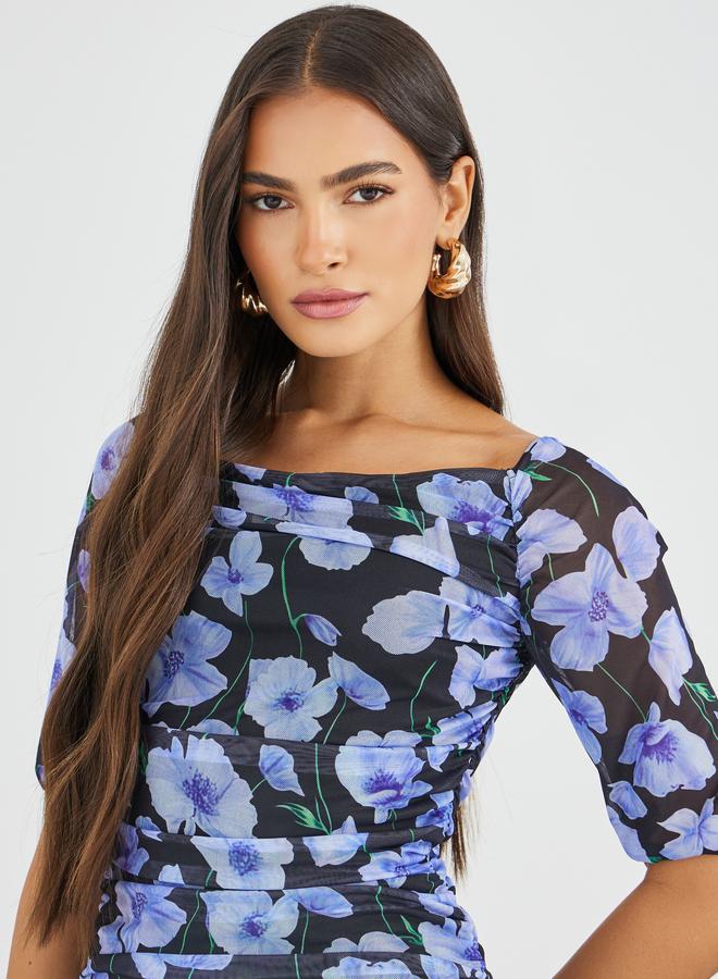 Styli All-Over Floral Print Ruched A-Line Maxi Dress - Image 4