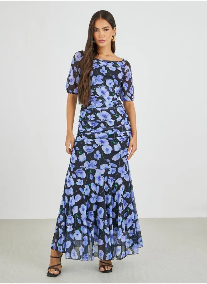 ستايلي Styli All-Over Floral Print Ruched A-Line Maxi Dress