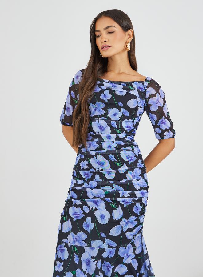Styli All-Over Floral Print Ruched A-Line Maxi Dress - Image 3