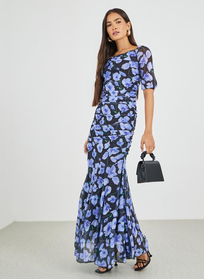 All-Over Floral Print Ruched A-Line Maxi Dress