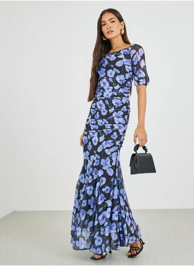 ستايلي Styli All-Over Floral Print Ruched A-Line Maxi Dress