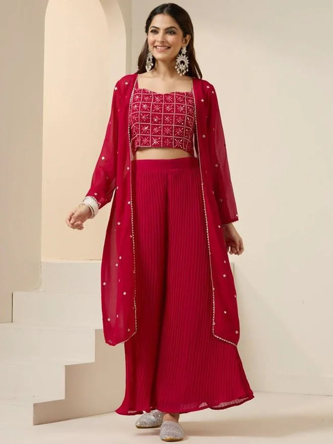 ISHIN ISHIN Flowy Red Georgette Embroidered Top, Shrug and Pants Co-ords