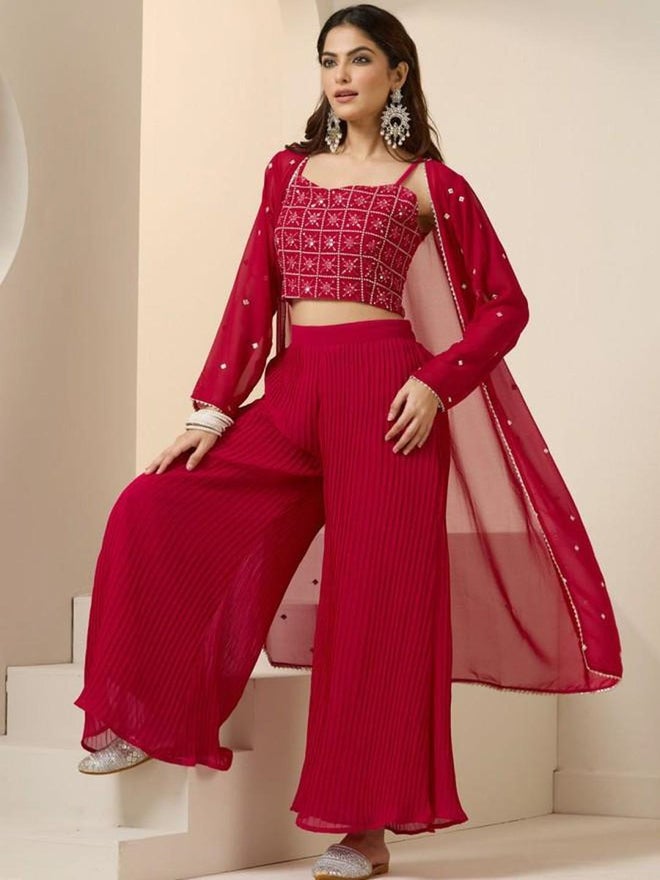 آي شين طقم نسائي من بلوزة وشال وبنطلون من الشيفون المطرز باللون الأحمر - Image 5