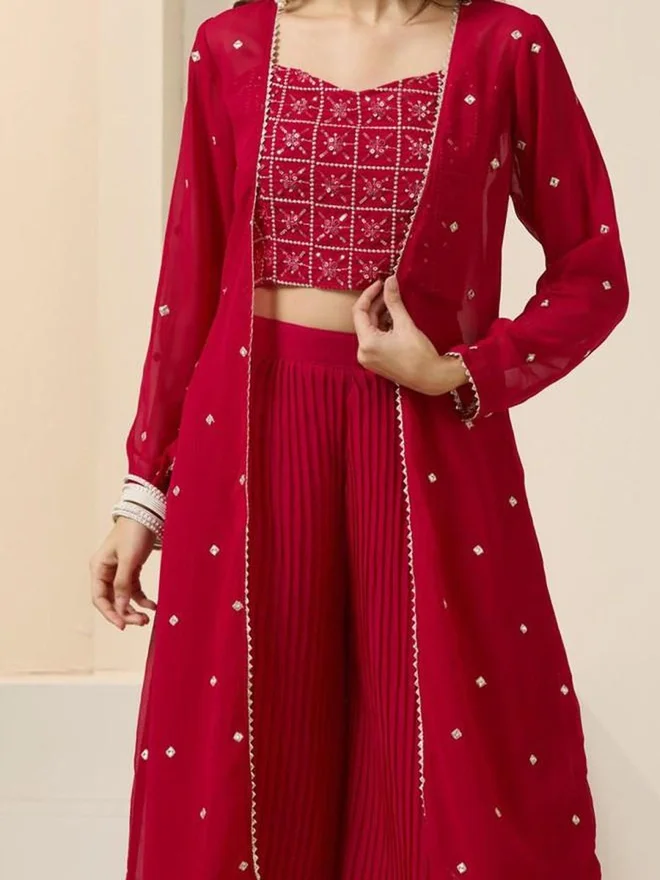ISHIN ISHIN Flowy Red Georgette Embroidered Top, Shrug and Pants Co-ords
