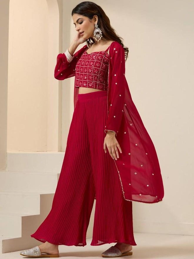 آي شين طقم نسائي من بلوزة وشال وبنطلون من الشيفون المطرز باللون الأحمر - Image 3