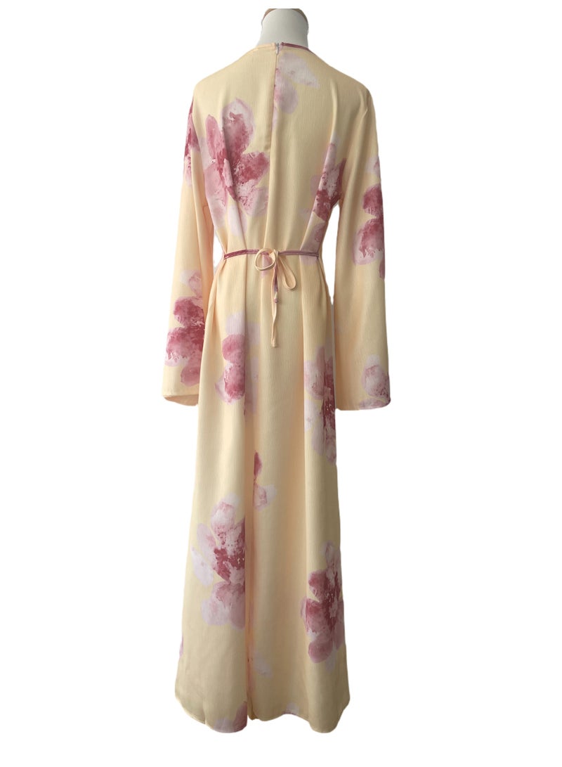 Women Floral Printed Round Neck Abaya Dress Flared Sleeve Tie Waist Loose Maxi Dress - Image 3