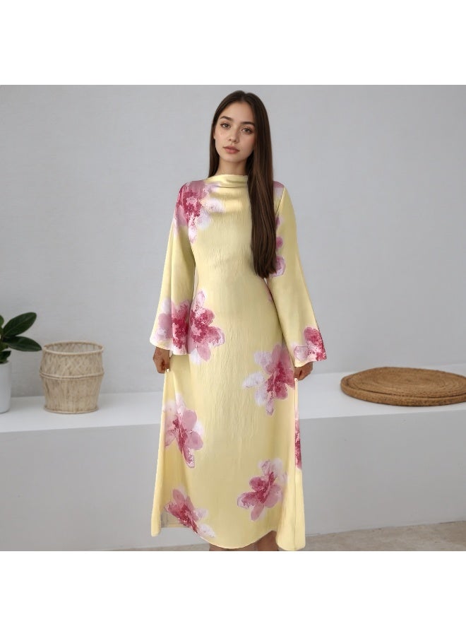 Women Floral Printed Round Neck Abaya Dress Flared Sleeve Tie Waist Loose Maxi Dress - Image 1