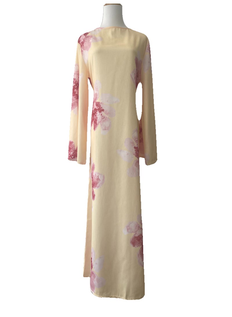 Women Floral Printed Round Neck Abaya Dress Flared Sleeve Tie Waist Loose Maxi Dress - Image 2