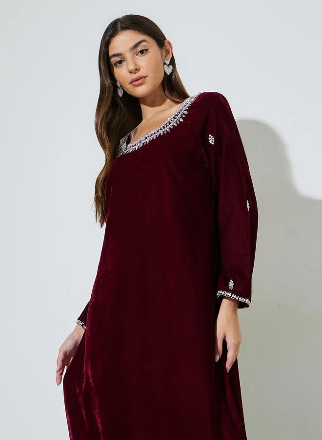 Amirah Burgundy Rhinestone Embellished Velvet Jalabiya