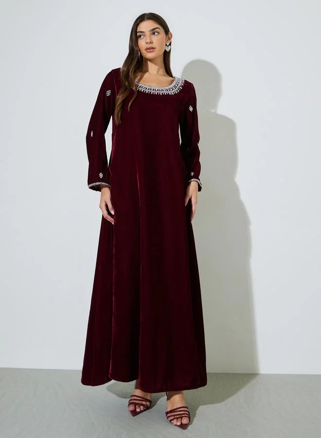 Burgundy Rhinestone Embellished Velvet Jalabiya