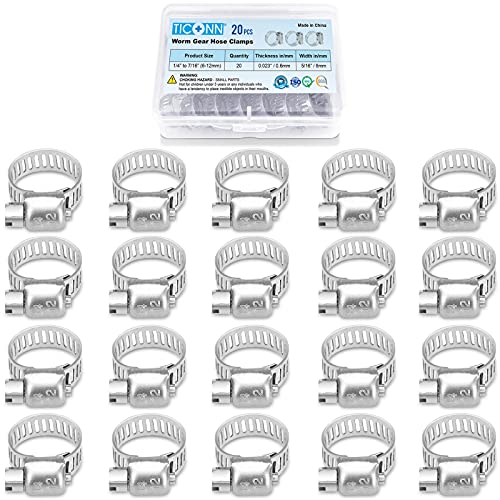 TICONN 20PCS Hose Clamp Set - 1/4''–7/16'' 304 Stainless Steel Worm Gear Hose Clamps for Pipe, Intercooler, Plumbing, Tube and Fuel Line - Image 1