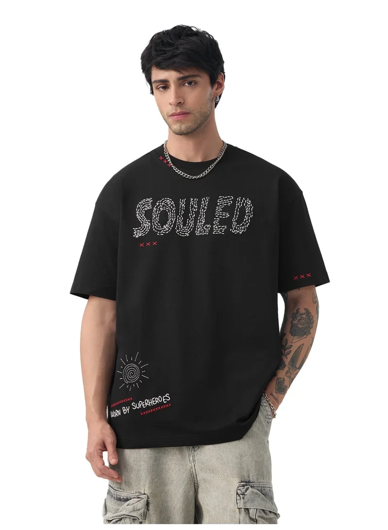 ذا سوليد ستور The Souled Store Oversized T-Shirt: Mystique Men and Boys Short Sleeves Round Neck Black Embroidered Streetwear T-Shirt