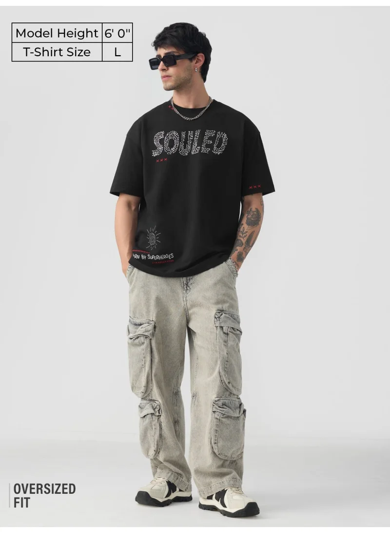 ذا سوليد ستور The Souled Store Oversized T-Shirt: Mystique Men and Boys Short Sleeves Round Neck Black Embroidered Streetwear T-Shirt