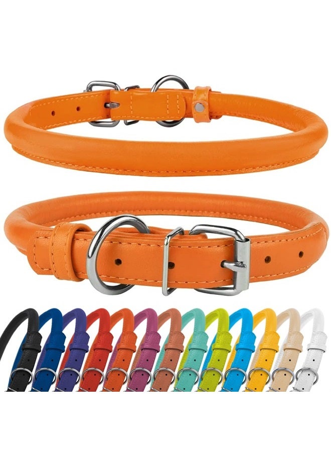 CollarDirect Rolled Leather Dog Collar, Soft Padded Round Puppy Collar, Handmade Genuine Leather Collar Dog Small Large Cat Collars 13 Colors (12-15 Inch, Orange Textured) - Image 1