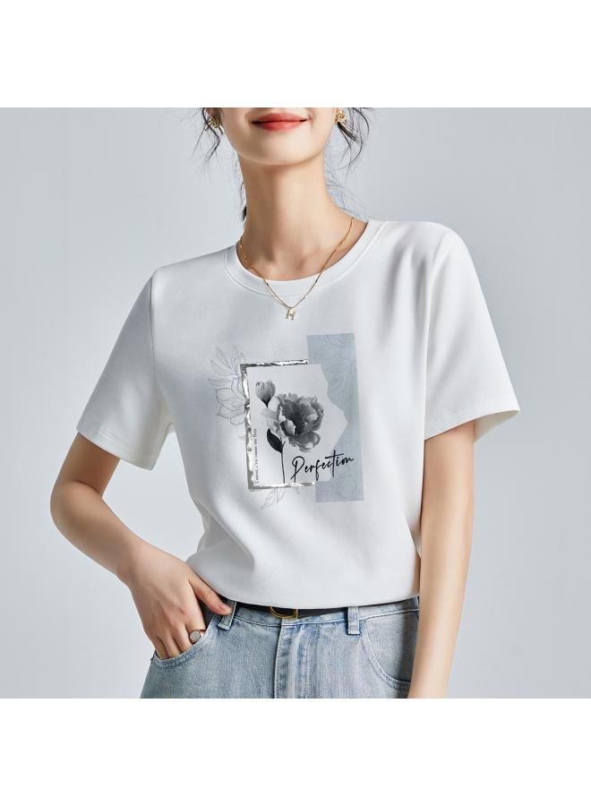 White T-shirt Women's Short-sleeved T-shirt Women's Summer New Slim-fit Fashionable Printed Base Shirt Round Neck Top 2 