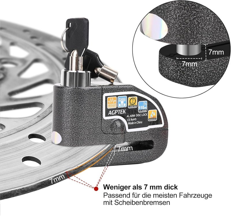 AGPtek 110dB Motorcycle Brake Lock with 5FT Reminder Cable, Anti-Theft Padlock Waterproof with Lock Pin Carrying Bag for Motorcycle Bike Scooter, Black - Image 4